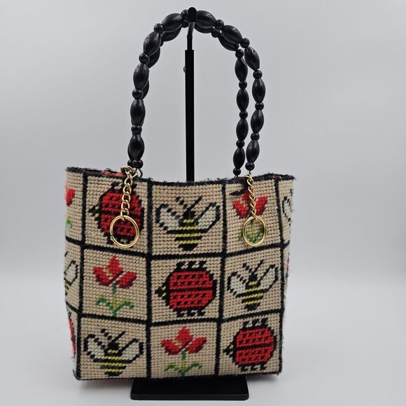 Handbags - Needlepoint Vintage Bag With Flowers, Bees And Lady Bugs 1970s Plastic Canvas